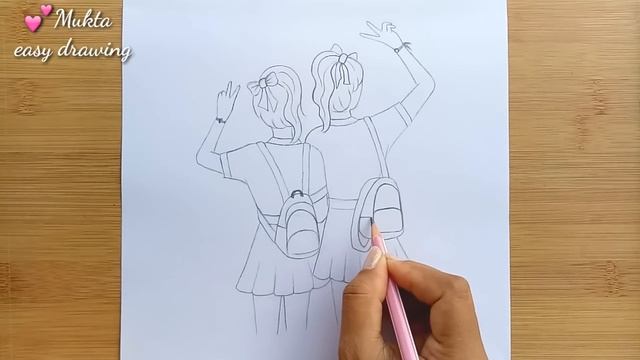 Friendship Day Drawing With Pencil Sketch//Draw School Going Girls Step by step смотреть онлайн