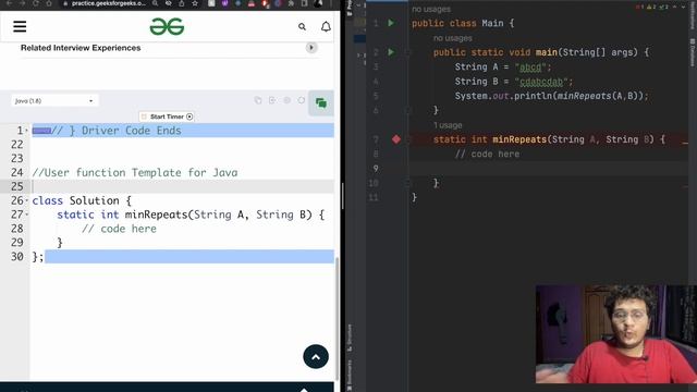 Minimum times A has to be repeated such that B is a substring of it |GFG POTD |English|Live coding? смотреть онлайн