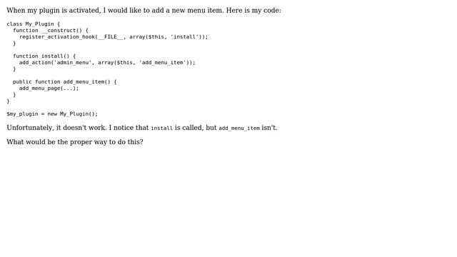 Wordpress: How to add custom menu item on plugin activation? смотреть онлайн
