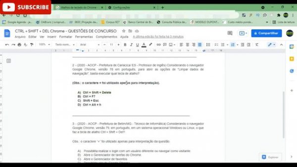 CTRL + SHIFT + DELETE Google Chrome questões de concurso público