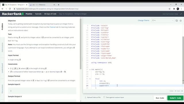HackerRank 30 Days of Code c++ | Day 16 : Exceptions - String to Integer | 2020 смотреть онлайн