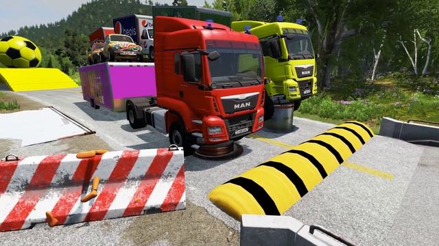 Double Flatbed Trailer Truck vs speed bumps Busses vs speed bumps Beamng JIYAN Games #025 смотреть онлайн