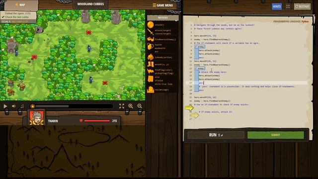 CODE COMBAT PYTHON level WOODLAND CUBBIES, Arguments, Basic Syntax, If Statements, Variables смотреть онлайн