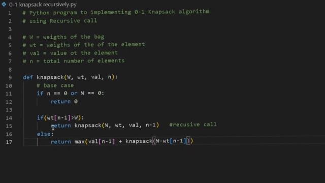 0/1 Knapsack algorithm Using Recursive function In python #pyhton #programming смотреть онлайн