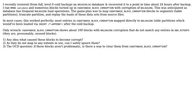 After Oracle 11gR2 restore & recover database, "ghost" NOLOGGING corrupt blocks смотреть онлайн