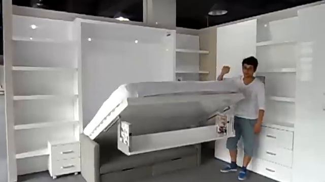 Multifunctional space saving wall bed murphy bed with sofa and bookshelf queen/king size смотреть онлайн