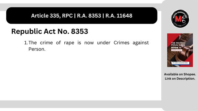 Article 335, RPC, Republic Act No. 8353, Republic Act No. 11648: Criminal Law Discussion смотреть онлайн