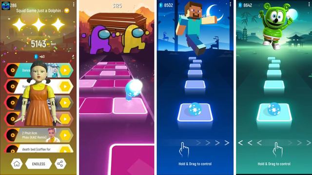 Squid Game VS Among Us VS Minecraft VS Gummy Bear - Tiles Hop EDM Rush смотреть онлайн