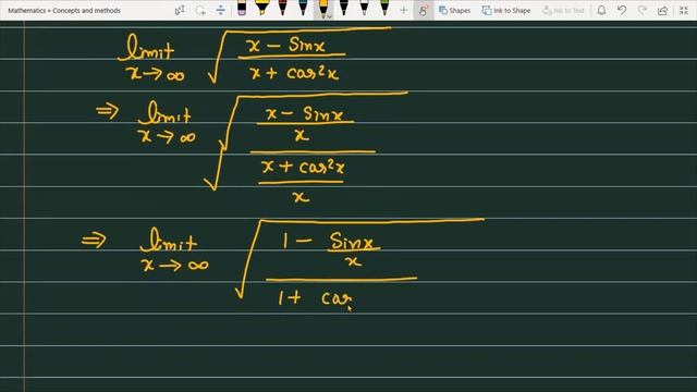 limit x tends to infinite 'sqrt((x-sinx)/(x+cos^2(x)))' ||`lim_(xto oo)sqrt((x-sinx)/(x+cos^(2)x)) смотреть онлайн