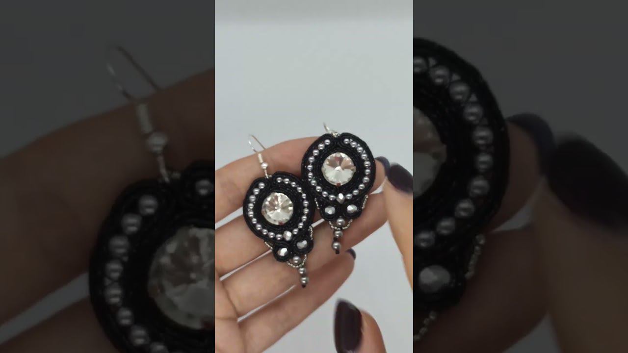 Серьги Сутажные с кристаллами Черные металлик блестящие смотреть онлайн
