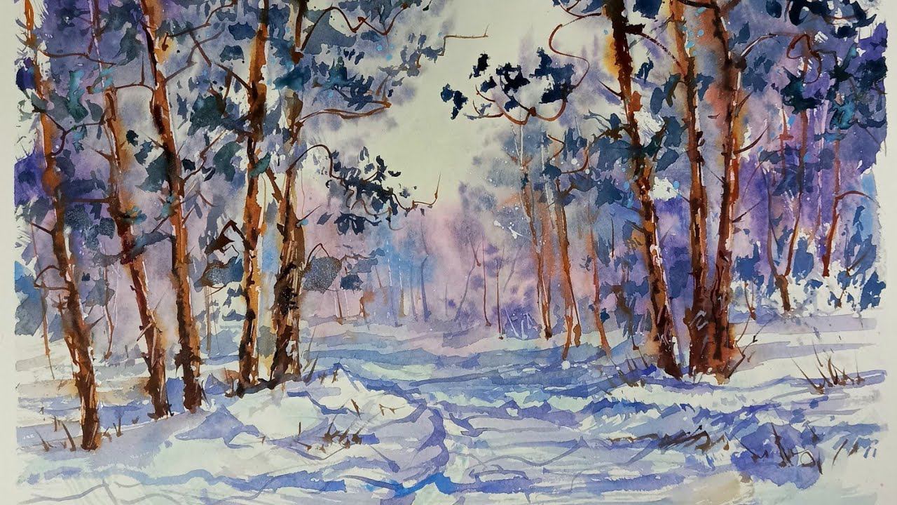 Морозный день, акварельный этюд кистью для каллиграфии смотреть онлайн