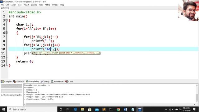 Pattern program in c | Triangle of alphabets with leading spaces смотреть онлайн
