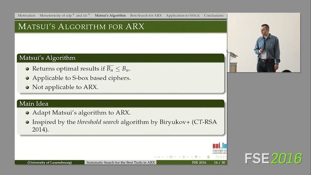 Vesselin Velichkov | Automatic Search for the Best Trails in ARX. Application to Block Cipher Speck смотреть онлайн