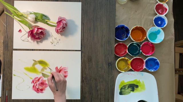 Watercolor Painting - Peony Tulips (wet-into-wet technique) смотреть онлайн
