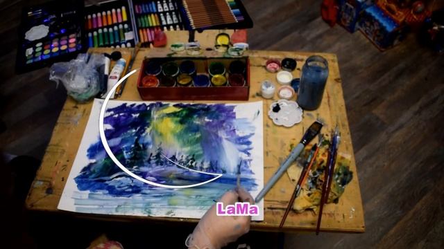 видео урок зимний пейзаж "Северное сияние" смотреть онлайн