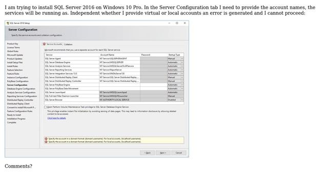 Databases: Specify the account in domain format Error in SQL Server 2016 installation on Windows 10 смотреть онлайн