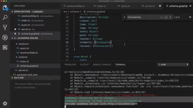 GraphQL - Academia Online en GraphQL - Enlazar definicion schemas y resolvers смотреть онлайн
