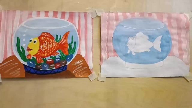 Рисование для самых маленьких, рисуем гуашью золотую рыбку в аквариуме