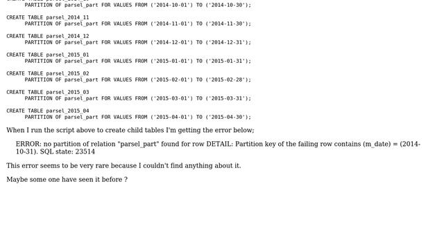 Postgres table partitioning "no partition of relation "parsel_part" found for row" error? смотреть онлайн