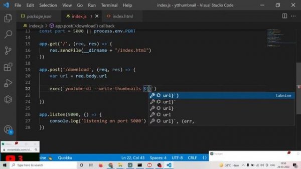 Node.js Youtube-DL Express Example to Build Youtube Video Thumbnail Downloader in Browser Using JS