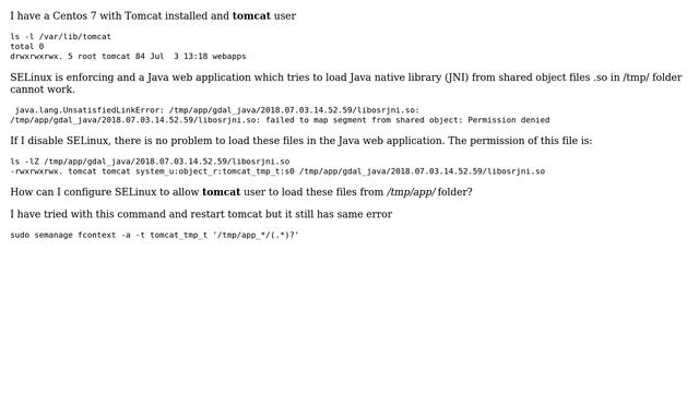 SELinux blocks tomcat web application to load Java native library (JNI) - how to configure... смотреть онлайн