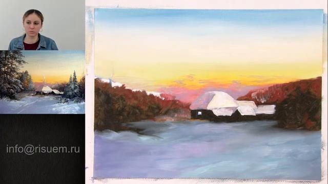 Зимний пейзаж с домиками. смотреть онлайн