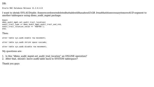 Databases: Shrink table SYS.AUD$ смотреть онлайн