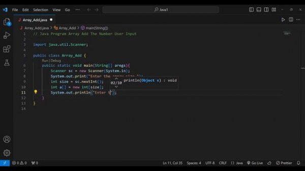 Java Program Array Add The Number User Input For Visual Studio Code (VS Code) #coding