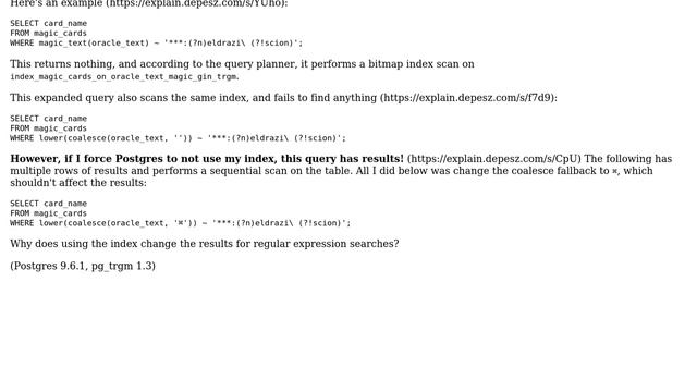Postgres function index doesn't work correctly with regular expressions смотреть онлайн