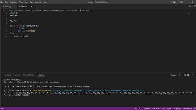 Python program to print odd Numbers from 1 to 100 смотреть онлайн