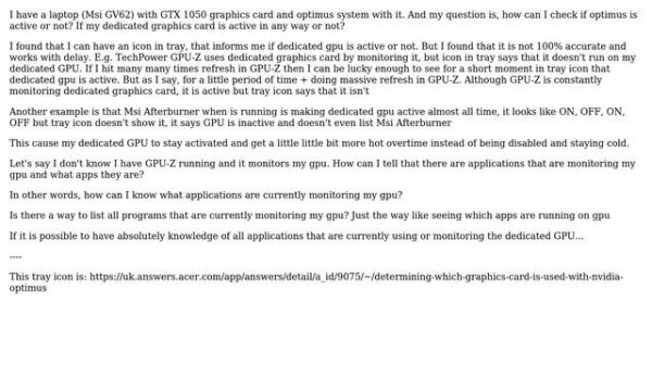 Is it possible to check if the dedicated gpu is active or not + being monitored? (Nvidia Optimus)