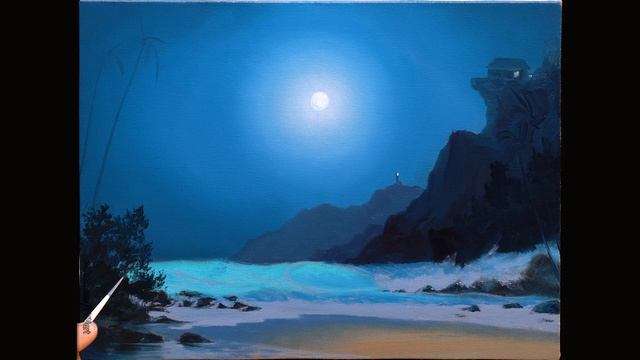 Аcrylic Landscape Painting - Full Moon Ocean / Easy Art / Drawing Lessons / Relaxing / Пейзаж море смотреть онлайн