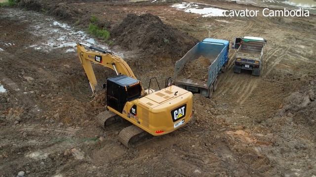Wonderful Aerial Video CAT Excavator And HYUNDAI Excavator Digging Loading Soil Into Dump Truck
