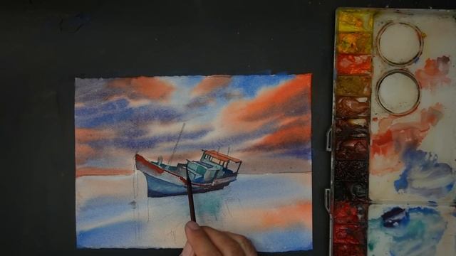 Fishing Boat at Cloudy Sky, Calm Seascape watercolor painting смотреть онлайн
