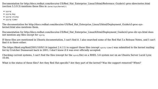Unix & Linux: Linux /proc/sys/kernel: where are the files sysrq-sticky, sysrq-key, and sysrq-timer? смотреть онлайн
