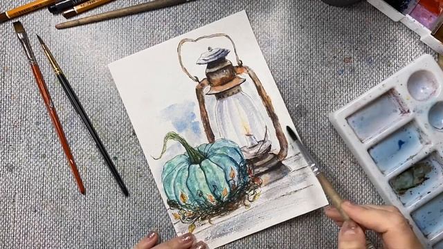 Старинная лампа и тыква. Рисую акварелью. Скетчинг для начинающих. смотреть онлайн
