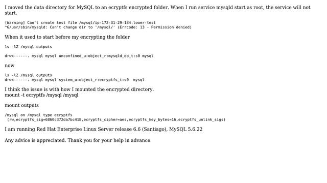 Cannot start MySQL service on linux RHEL when pointing datadir to mounted ecryptfs folder смотреть онлайн