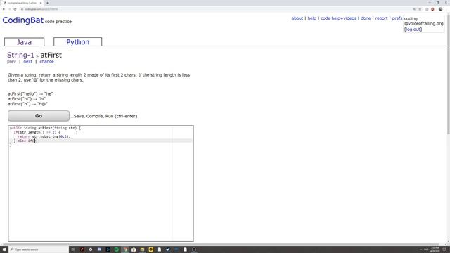 String-1 (atFirst) Java Tutorial || Codingbat.com смотреть онлайн