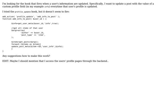 Wordpress: Which hook if user profile information is updated? смотреть онлайн