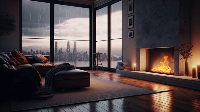 Испытайте дождливую городскую ночь уютная атмосфера камина в современном высотном здании смотреть онлайн