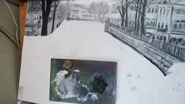 Нарисовать город в черно-белых тонах масляными красками. смотреть онлайн
