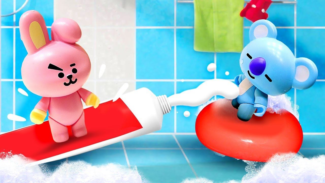 Toys' adventures in the bathroom - Funny videos with BT21 toys. смотреть онлайн