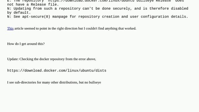 Docker repository does not have a release file for apt-get update on debian bullseye смотреть онлайн
