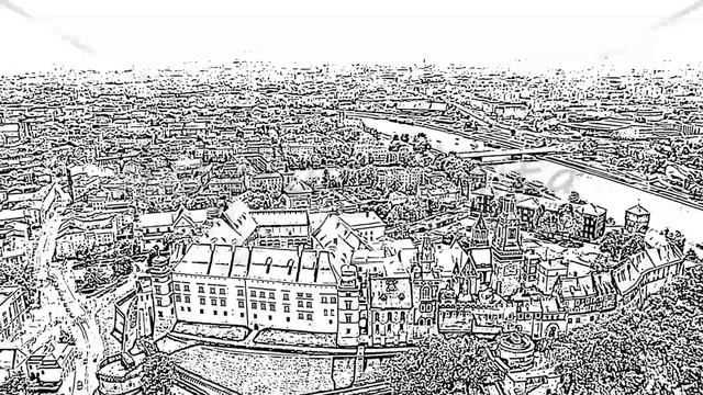 Sketch doodle style. Krakow, Poland. Wawel Castle. Ships on the Vistula River. View of the historic смотреть онлайн