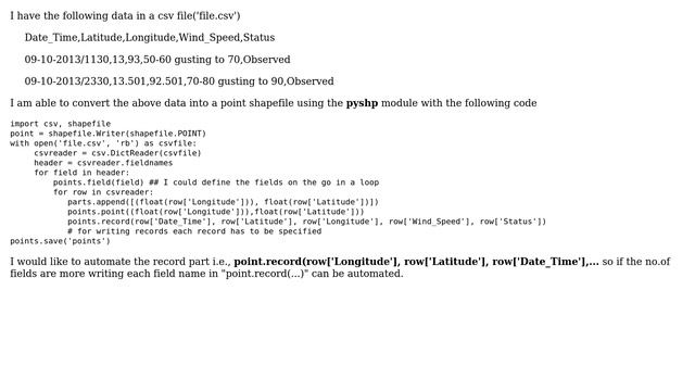 GIS: Automate the writing records from csv to shapefile using pyshp module