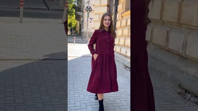 Платье-рубашка в стиле Бохо (вельвет, винный) смотреть онлайн