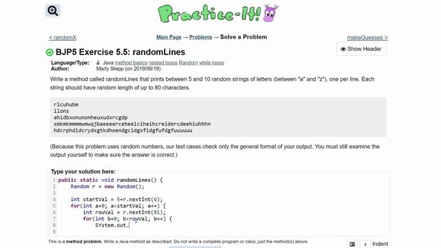 Java Practice It | Exercise 5.5: randomLines | method basics, nested loops, random, while loops смотреть онлайн