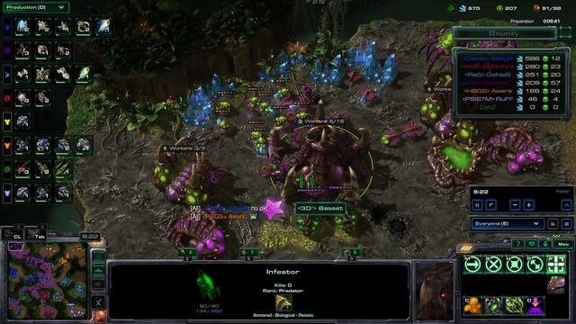 FFA Звезд: Alex007, Basset, CatZ, RuFF, Kas, Bly, GenieS и Awers в большой междусобице в StarCraft смотреть онлайн