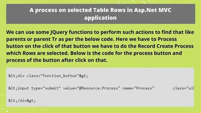 Guidance on: How to Process on Selected Rows of Table Using jQuery in MVC: Aegis Softtech смотреть онлайн