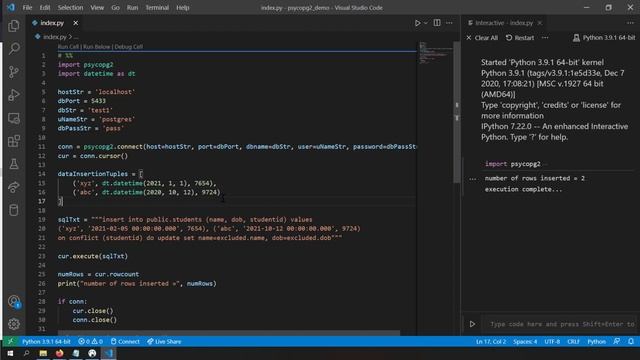 psycopg2 python Bulk Insert with mogrify, Update, Delete rows, error handling смотреть онлайн
